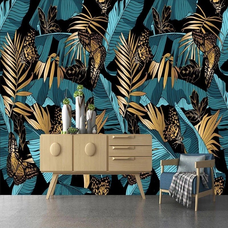Papier peint feuillage vert et or - motif