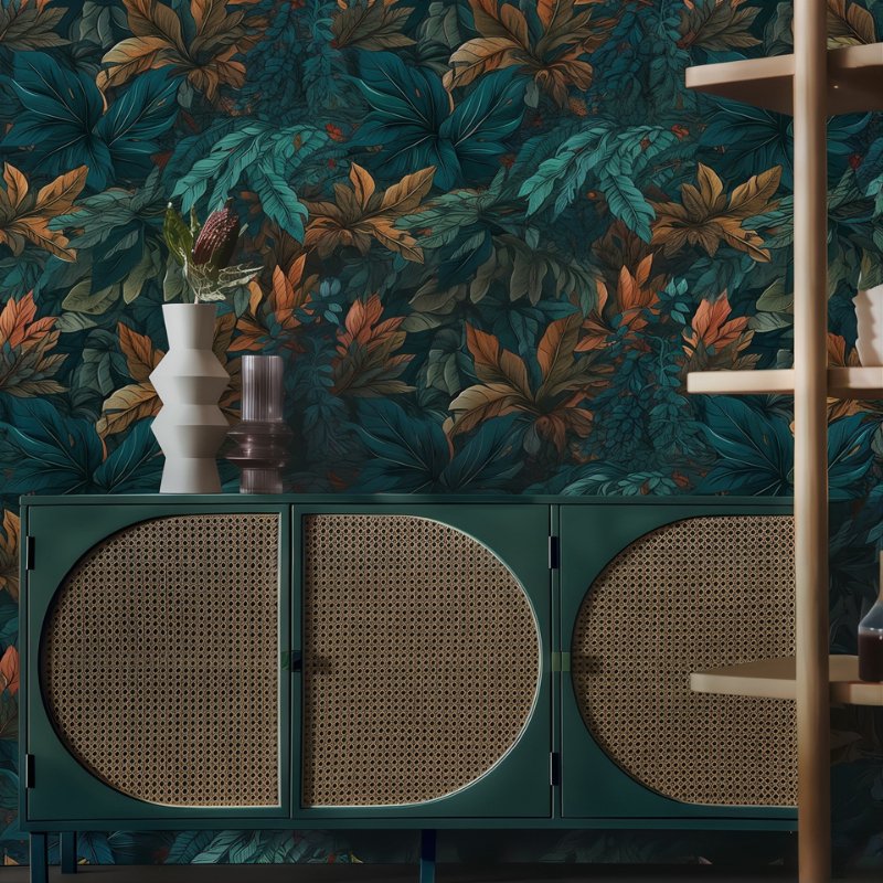 Papier peint jungle bleu canard - motif