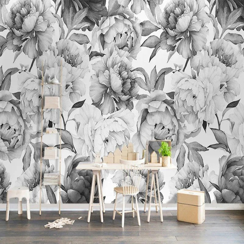 Papier Peint Pivoine Noir Et Blanc — autocollant