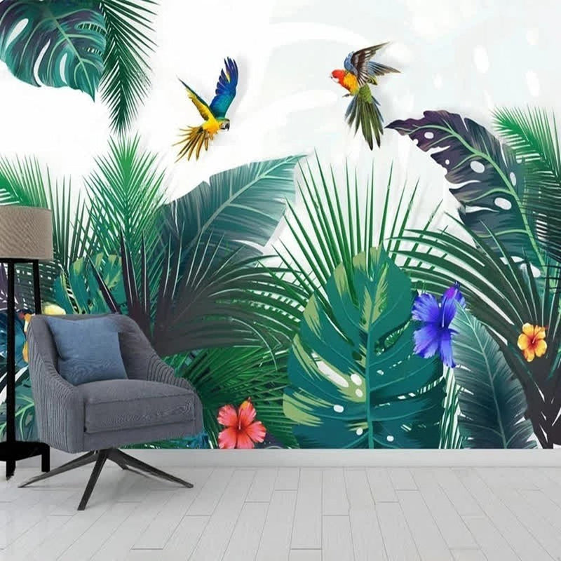 Papier peint tapisserie 3D jungle et perroquets colorés — intissé mat premium