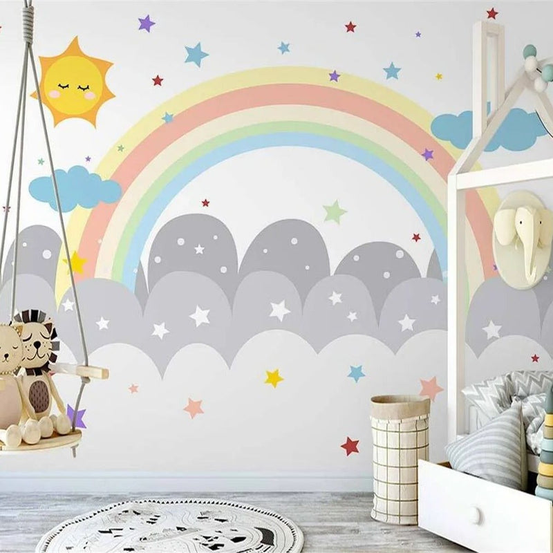 Papier peint tapisserie arc-en-ciel et nuages pastel — intissé mat premium