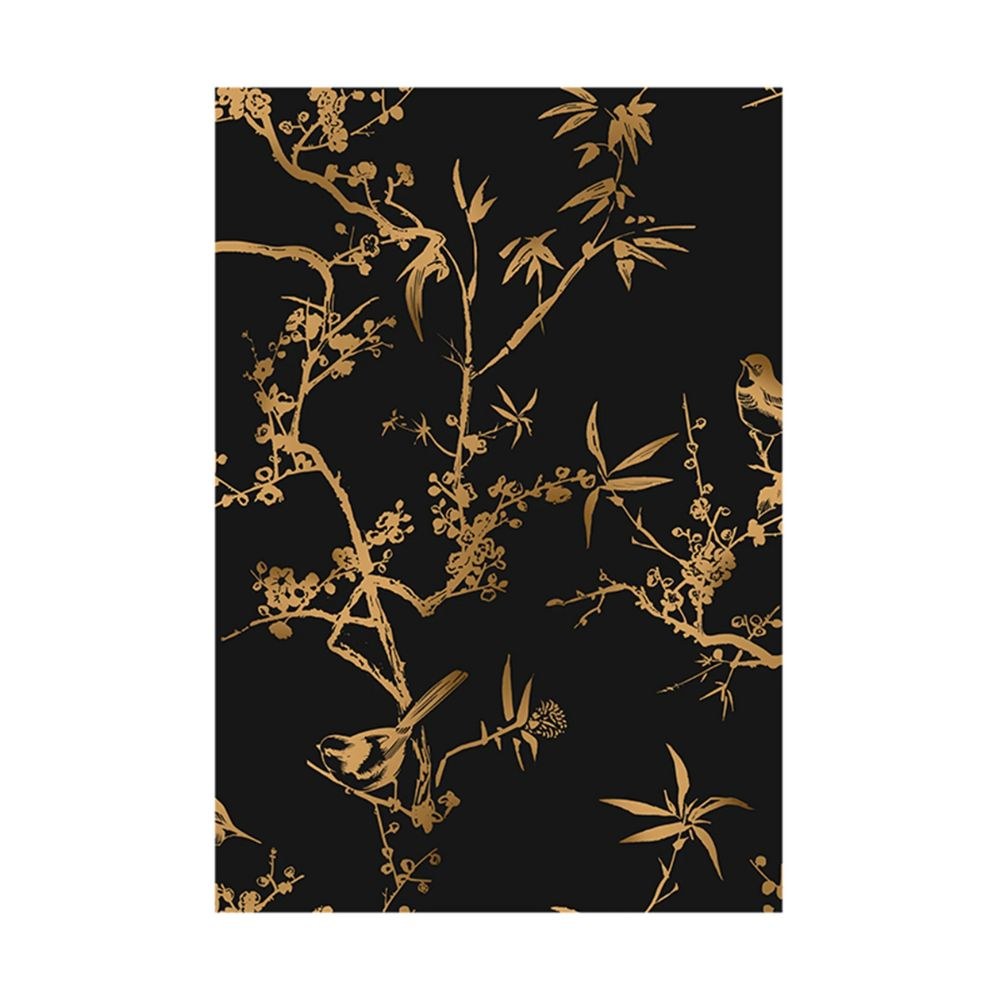 Papier peint tapisserie bambou et oiseaux noir et or - motif