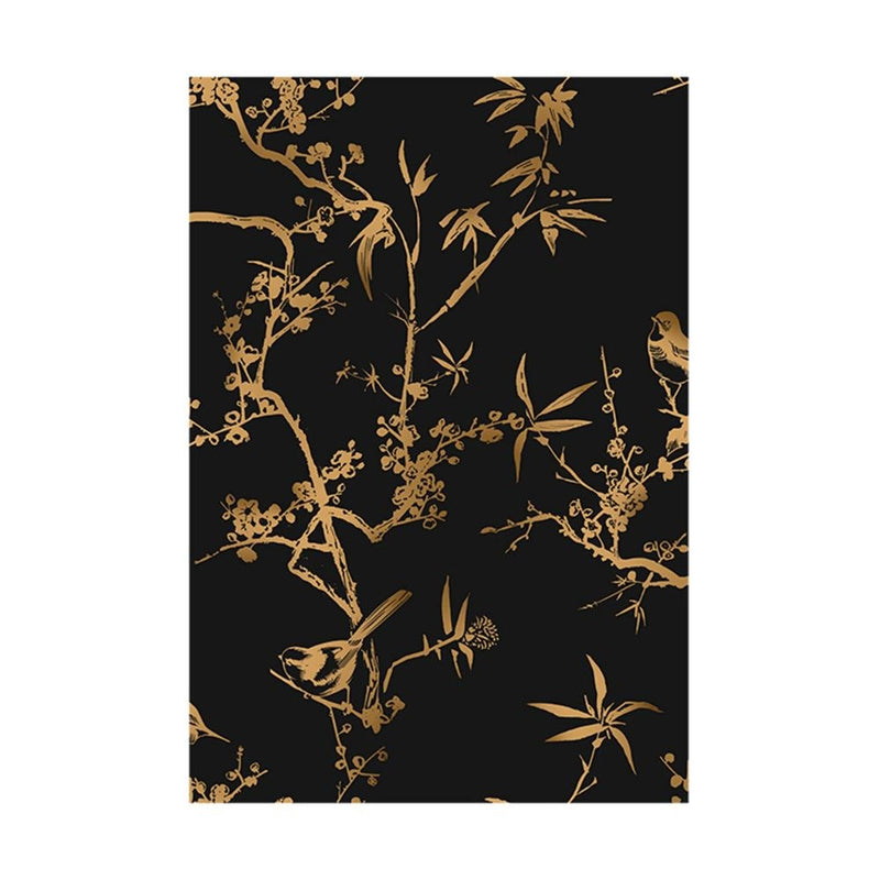 Papier peint tapisserie bambou et oiseaux noir et or — autocollant