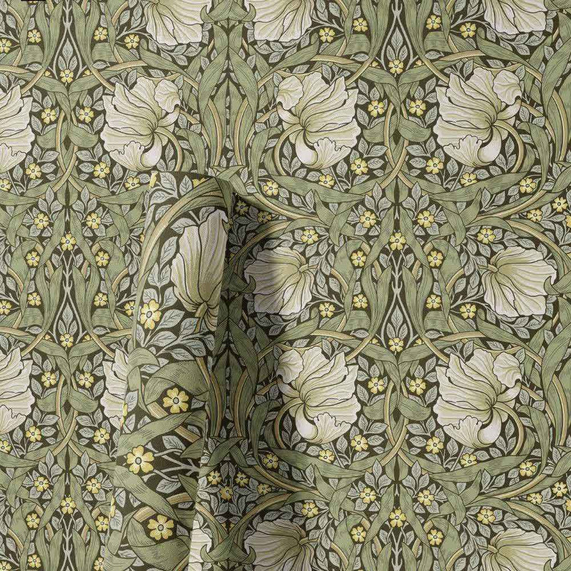 Papier peint tapisserie botanique anglais vert clair et fleurs blanches — autocollant