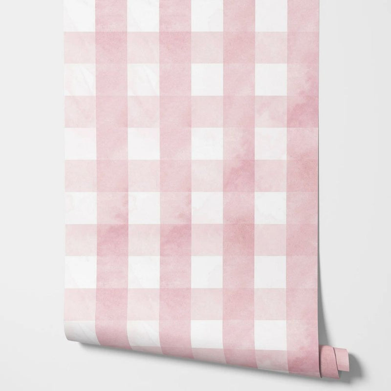 Papier peint tapisserie carreaux vichy rose poudré — autocollant
