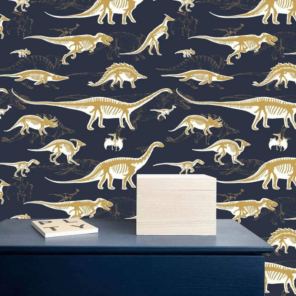 Papier peint tapisserie dinosaures noir et or pour enfant - Papierpeint - panoramique.fr