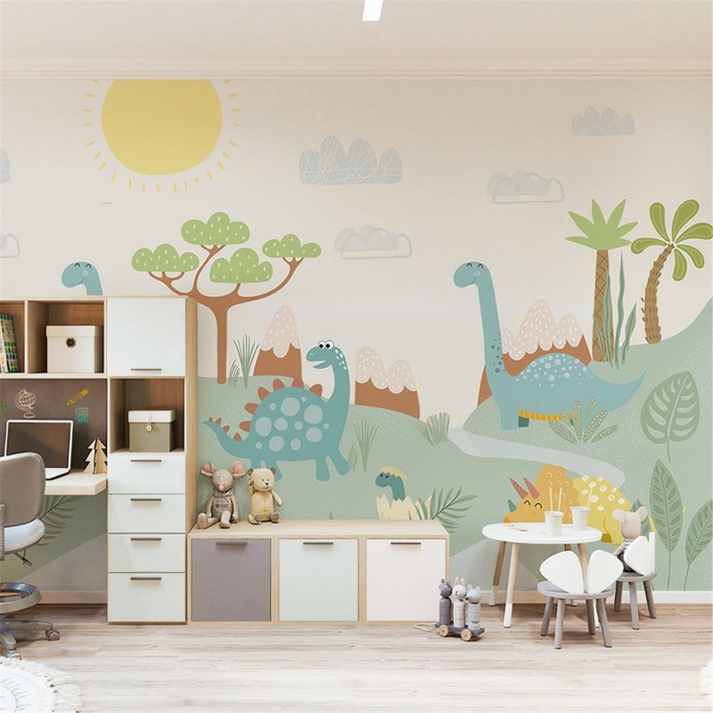 Papier peint tapisserie enfant dinosaures et végétation colorée - Papierpeint - panoramique.fr