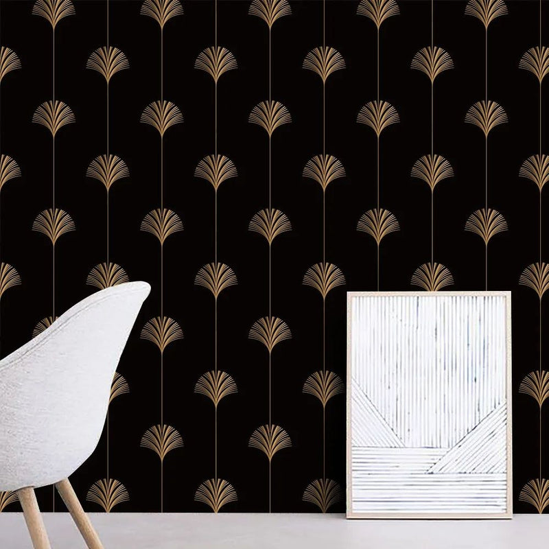 Papier peint tapisserie éventails noir et or art déco — intissé mat premium