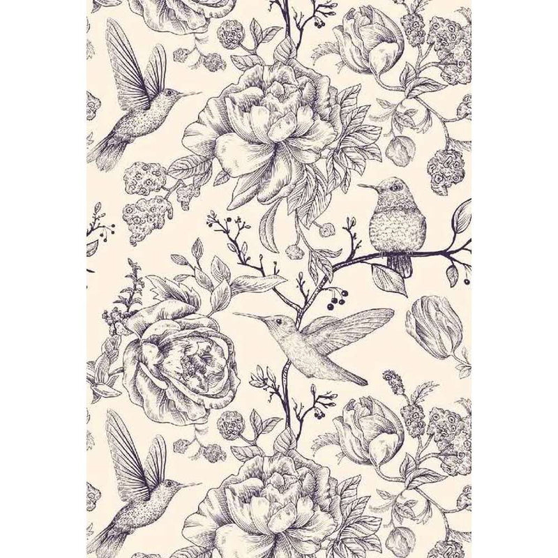 Papier peint tapisserie fleurs et colibris vintage noir et blanc — autocollant