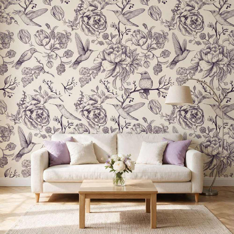 Papier peint tapisserie fleurs et colibris vintage noir et blanc — intissé mat premium