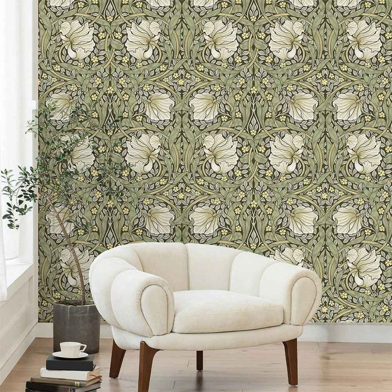 Papier peint tapisserie floral vintage vert sauge — intissé mat premium