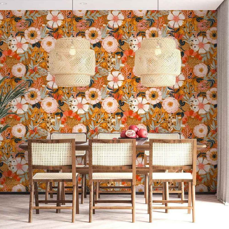 Papier peint tapisserie grosses fleurs oranges automnales — intissé mat premium