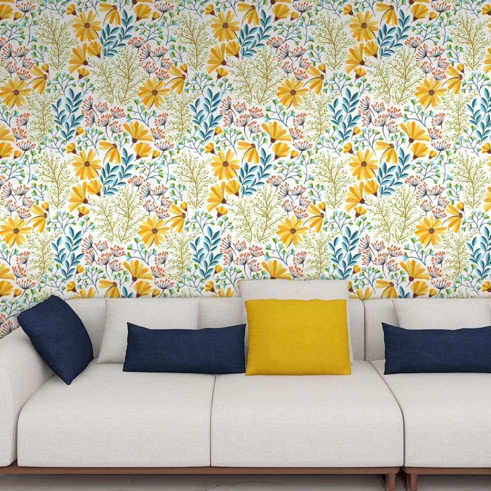 Papier peint tapisserie liberty jaune et bleu - Papierpeint - panoramique.fr