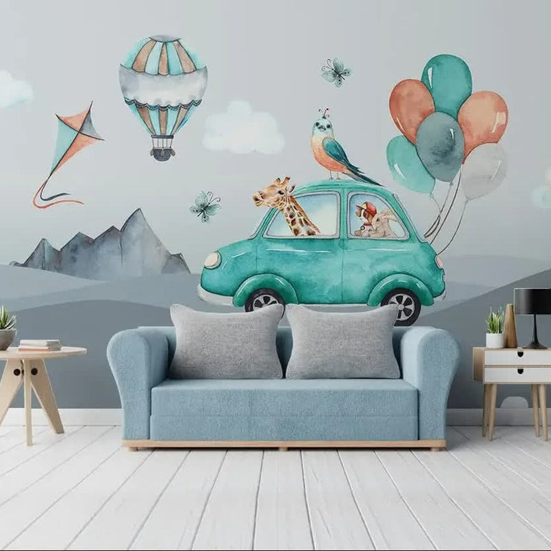 Papier peint tapisserie montgolfières rose et gris pastel — intissé mat premium