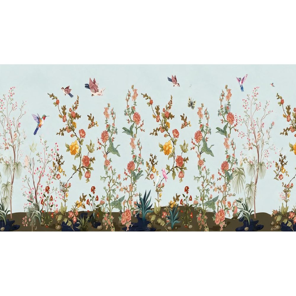 Papier peint tapisserie panoramique colibris et parterre de fleurs - motif