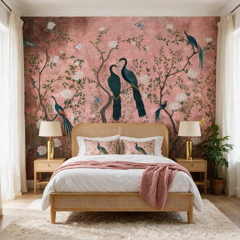 Papier peint tapisserie paon bleu sur fond rose — intissé mat premium