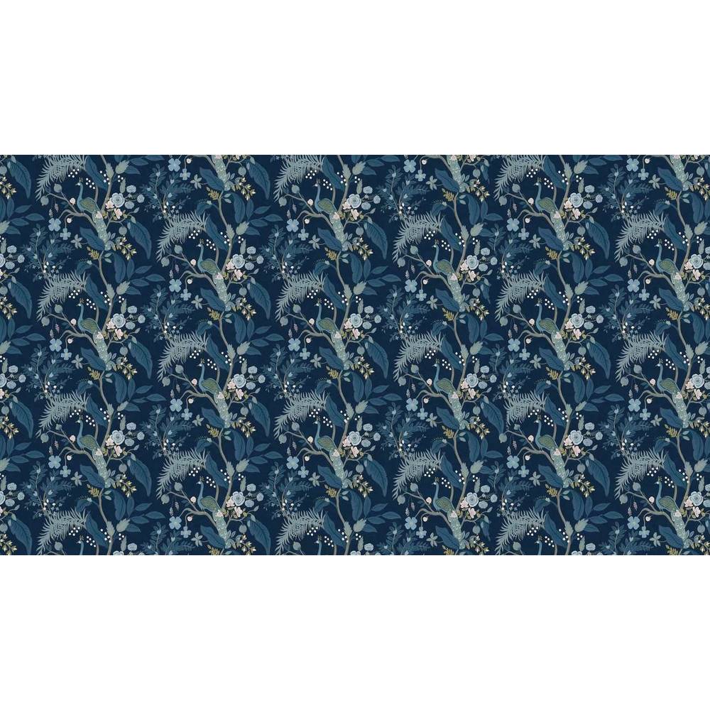 Papier peint tapisserie paon bleu et végétation - motif