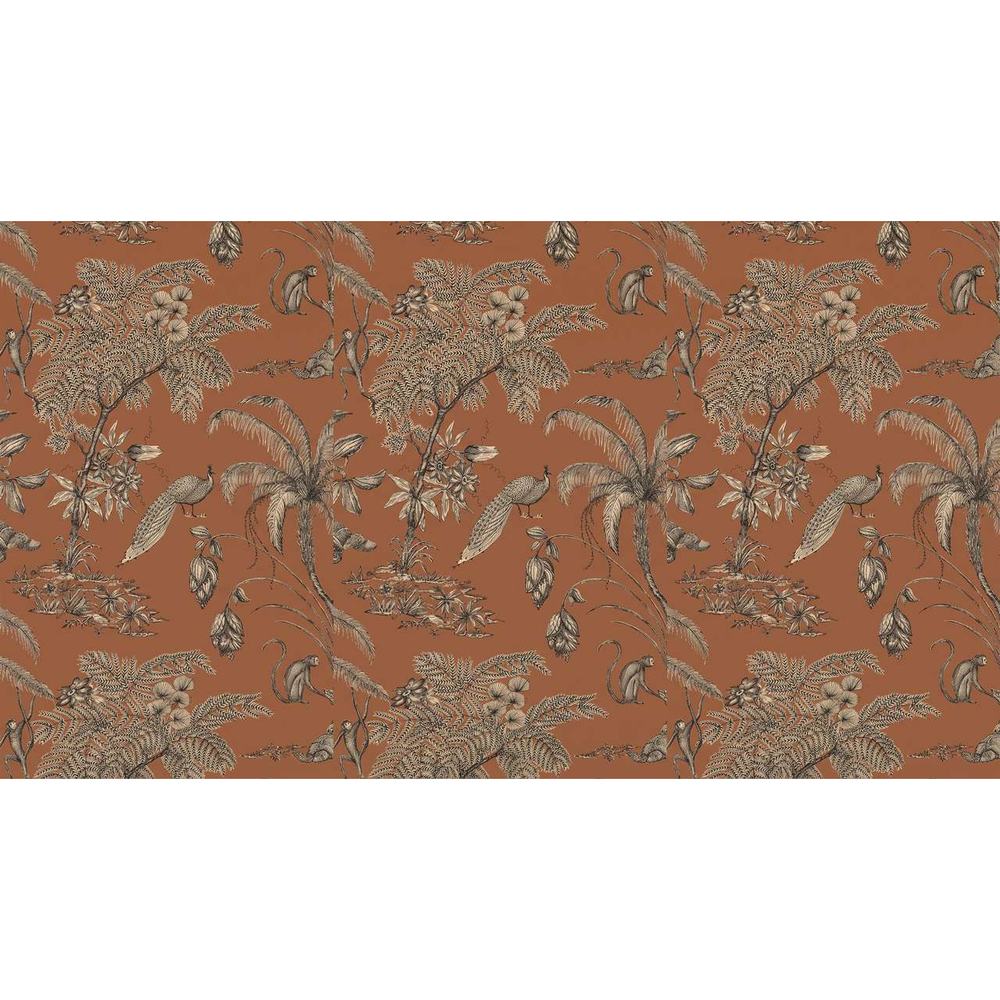 Papier peint tapisserie paon sur fond terracotta - motif