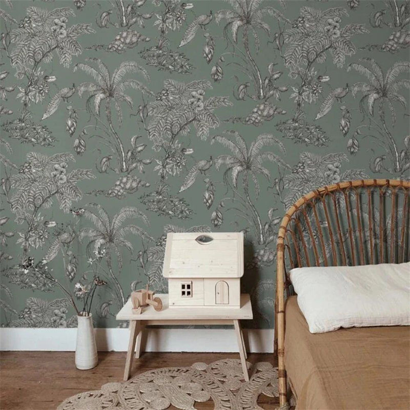 Papier peint tapisserie paons et palmiers vert sauge — intissé mat premium
