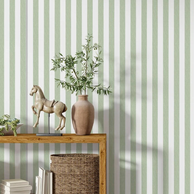 Papier peint tapisserie rayures vert sauge — intissé mat premium