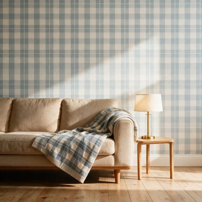 Papier peint tapisserie tartan écossais bleu et blanc — intissé mat premium