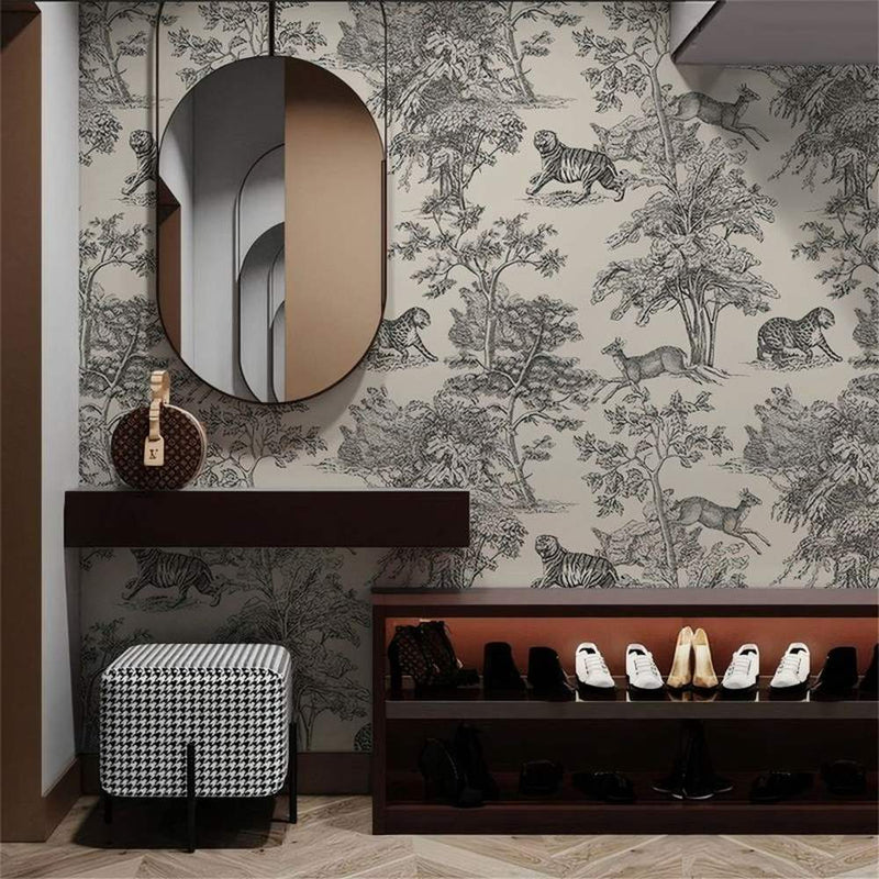 Papier peint tapisserie toile de Jouy noir et blanc — intissé mat premium