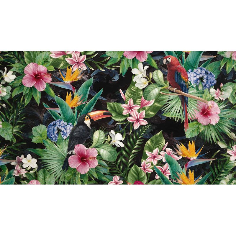 Papier peint tapisserie tropical perroquets et feuilles vertes — autocollant