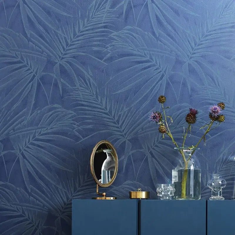 Papier peint feuillage bleu canard — intissé mat premium