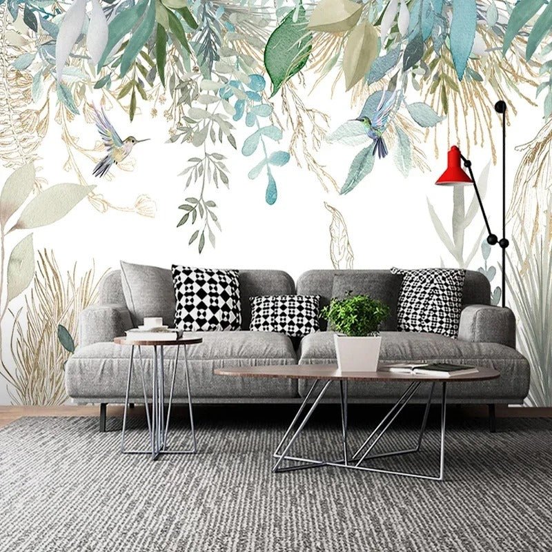 Papier peint feuillage et oiseaux — intissé mat premium