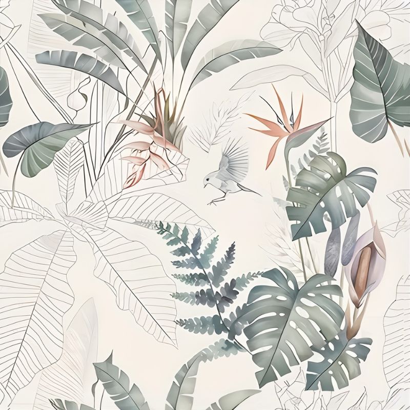 Papier peint feuillage vert et blanc — autocollant