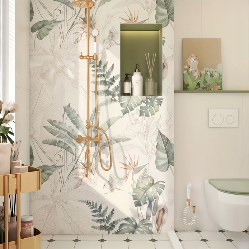 Papier peint feuillage vert et blanc - motif