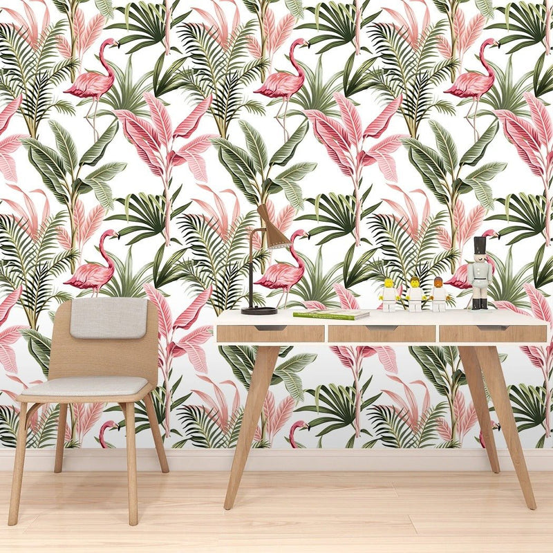 Papier Peint Feuillage Vert et Rose — intissé mat premium