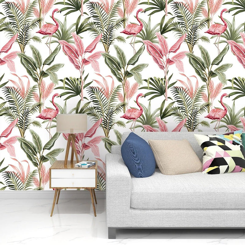Papier Peint Feuillage Vert et Rose — autocollant