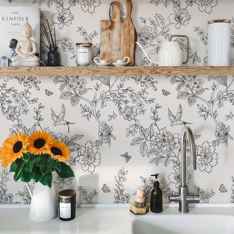Papier peint fleur noir et blanc — intissé mat premium