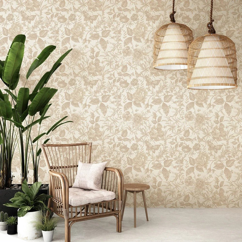 Papier peint fleuri beige — intissé mat premium