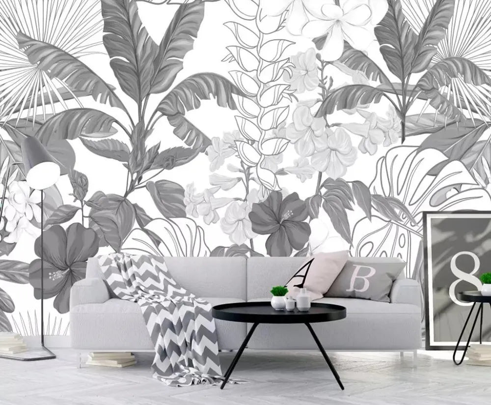 Papier Peint Foret Tropicale Noir Et Blanc - motif
