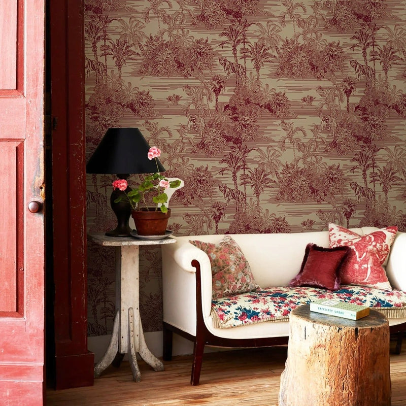 Papier peint jungle rouge — intissé mat premium