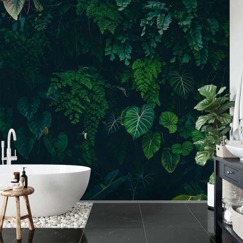 Papier peint salle de bain feuillage — intissé mat premium