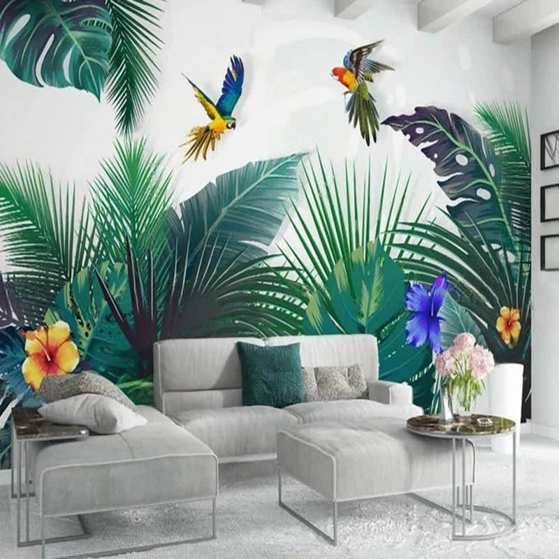 Papier peint tapisserie 3D jungle et perroquets colorés — autocollant