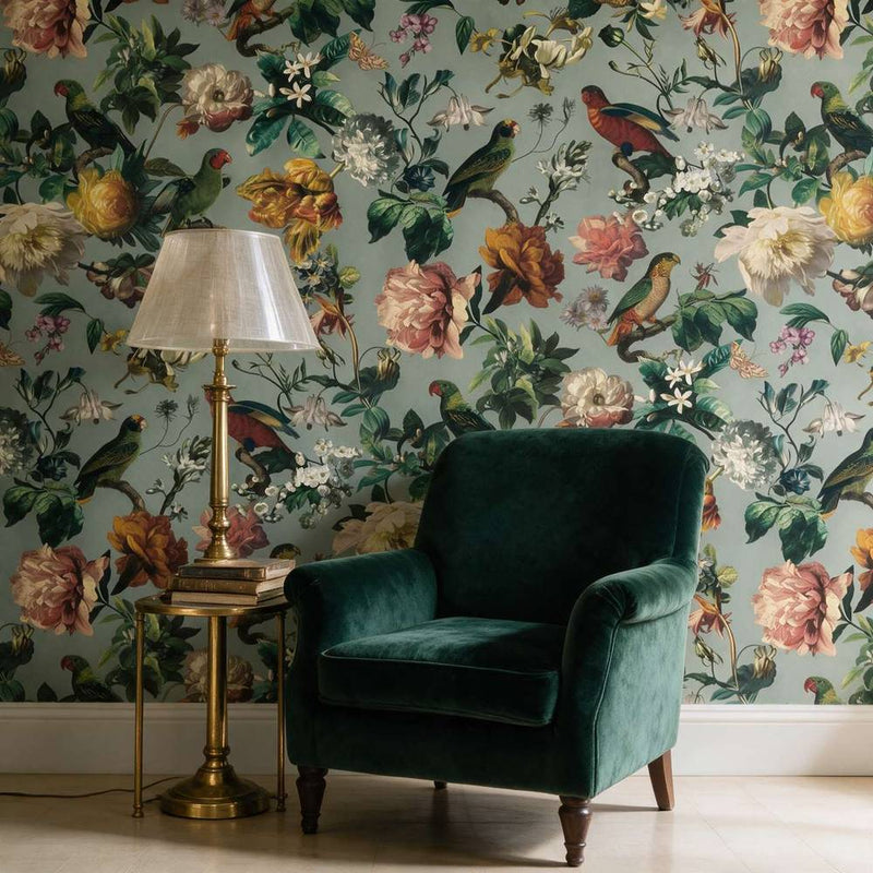 Papier peint tapisserie anglais perroquets et fleurs — intissé mat premium