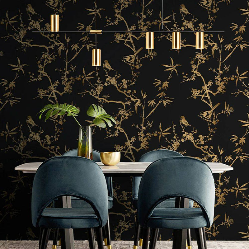 Papier peint tapisserie bambou et oiseaux noir et or — intissé mat premium