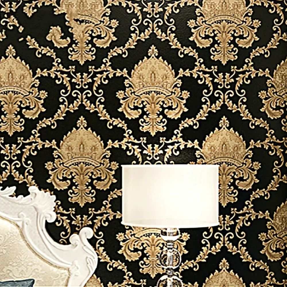 Papier peint tapisserie baroque noir et or - motif