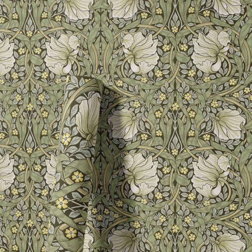 Papier peint tapisserie botanique anglais vert clair et fleurs blanches - motif