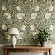 Papier peint tapisserie botanique anglais vert clair et fleurs blanches - Papierpeint - panoramique.fr