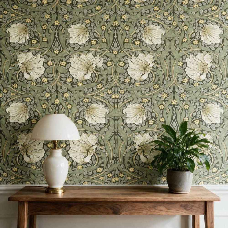 Papier peint tapisserie botanique anglais vert clair et fleurs blanches — intissé mat premium