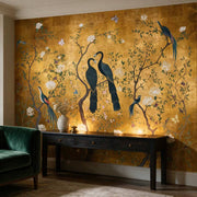 Papier peint tapisserie chinoiserie paon fond jaune - Papierpeint - panoramique.fr