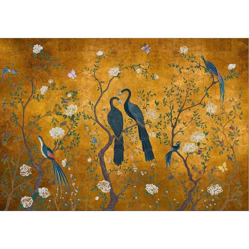 Papier peint tapisserie chinoiserie paon fond jaune — autocollant