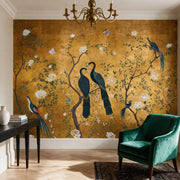 Papier peint tapisserie chinoiserie paon fond jaune - Papierpeint - panoramique.fr