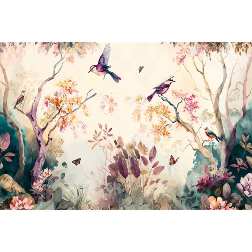 Papier peint tapisserie colibris effet 3D et fleurs - motif