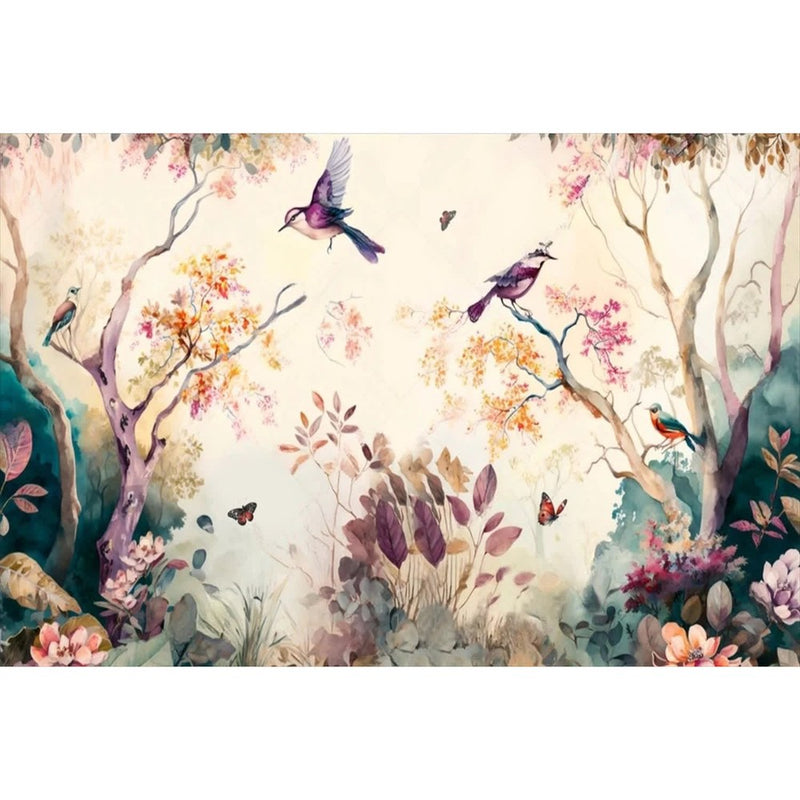Papier peint tapisserie colibris effet 3D et fleurs — autocollant